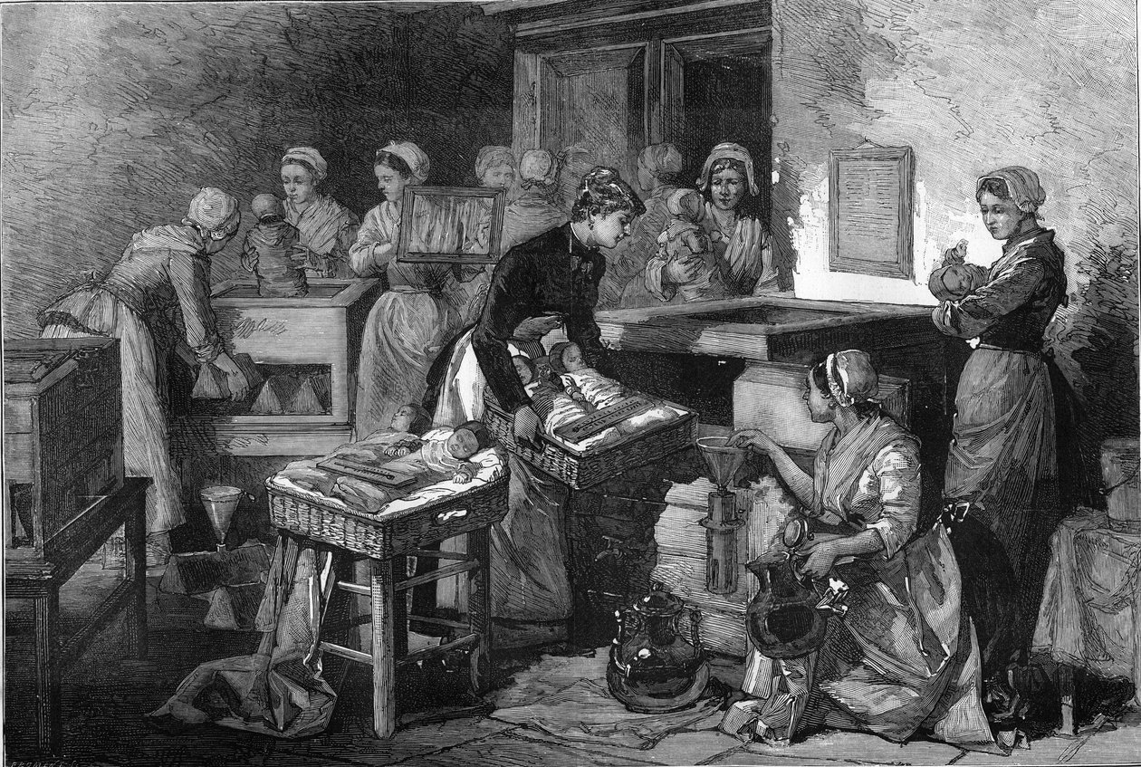 Midwife, Nurses and incubators: The equipment of the maternity hospital to preserve the life of children born before term in Paris. Engraving in 