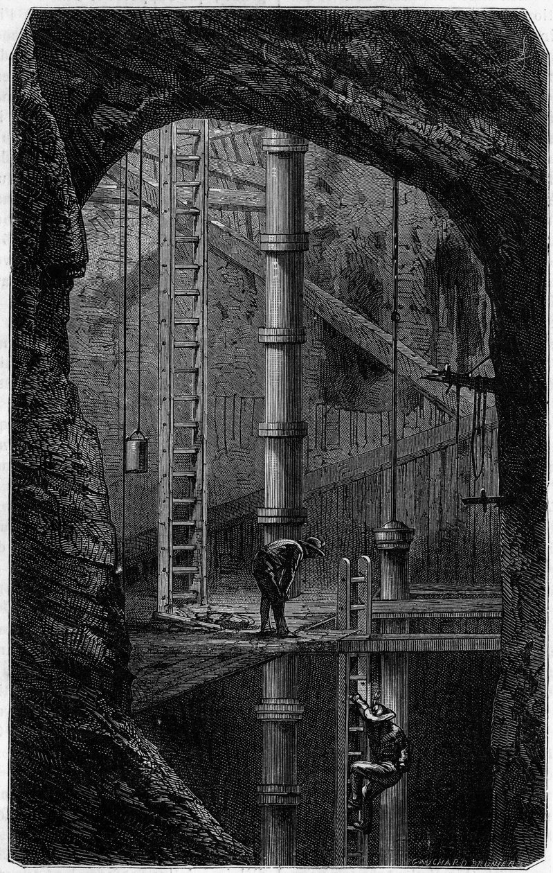 Miners inside a tin mine in Cornwall, England. Engraving in the journal 