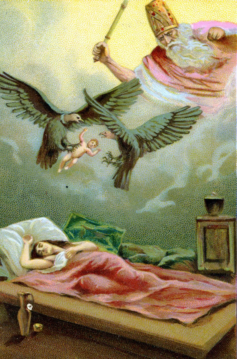 Miraculous birth of Zarathustra, Iranian prophet and religious reformer. Chromolithograph of the 19th century by Unknown artist