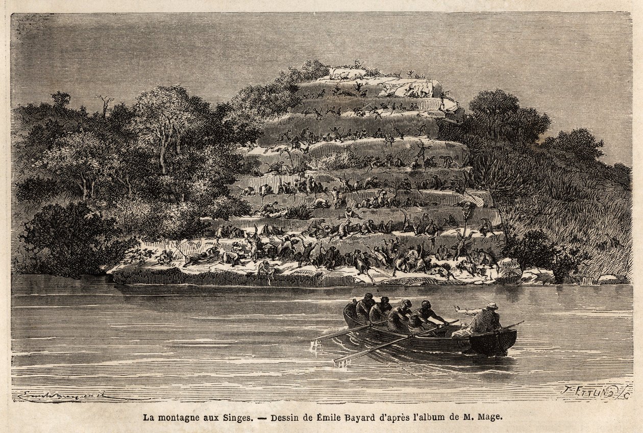 Monkey Mountain, along the Senegal River, shortly after the Gouina Falls (Mali). Engraving to illustrate the story of Lieutenant Mage