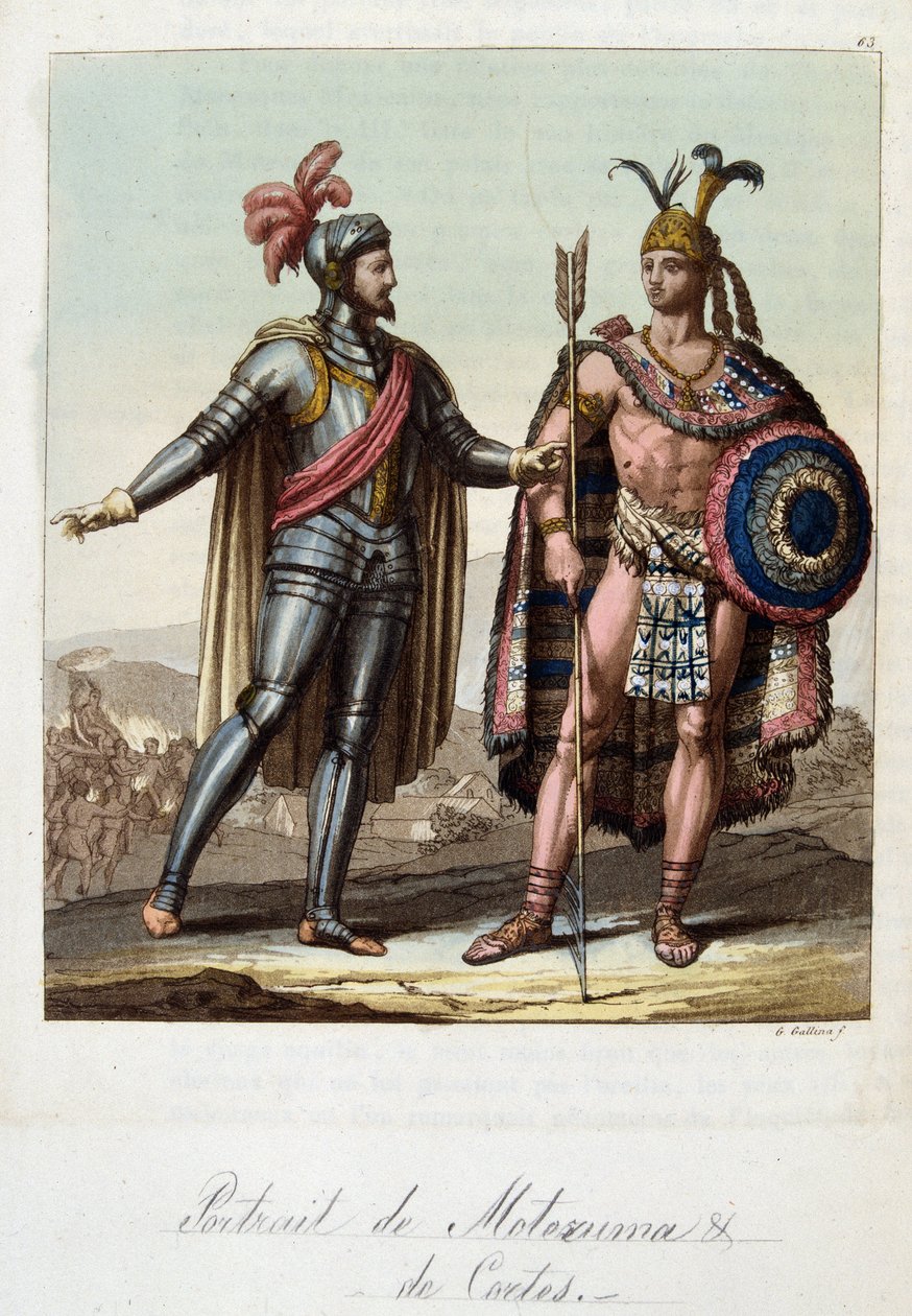 Montezuma II, Aztec king, and Hernan Cortes, Spanish conquistador - in ...