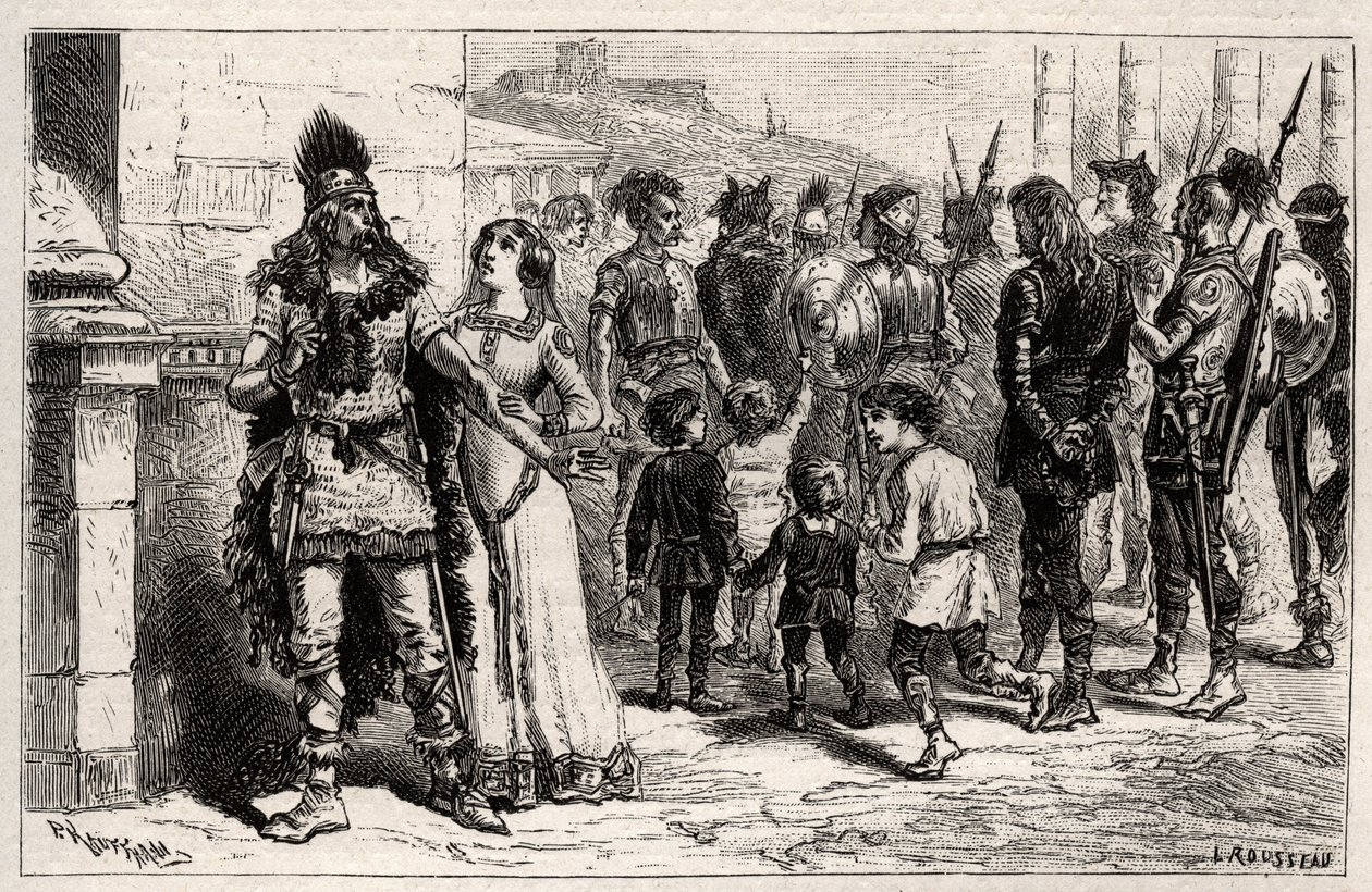 Moved to this sad spectacle, Theodechilde (daughter of Thierry I) application life and freedom of the captive - engraving in Les Femmes Illustres De La France by Oscar Havard - 1886 by Unknown artist