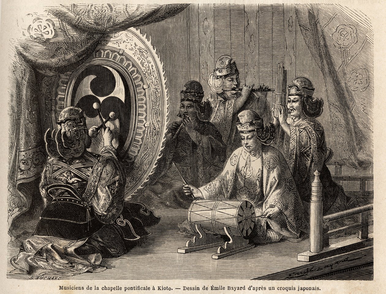 Musicians of the pontifical chapel in Kyoto (or Kioto), playing five sacred instruments, flute traversiere and flute of pan, marine conch, timpani and kakdaiko, the original gong. Engraving to illustrate the voyage to Japan in 1863-1864, by Aime Humbert by Unknown artist