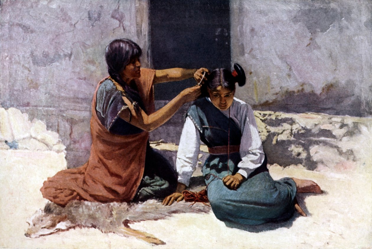 Native American Mother from the Hopi Tribe, Grooming Her Daughter
