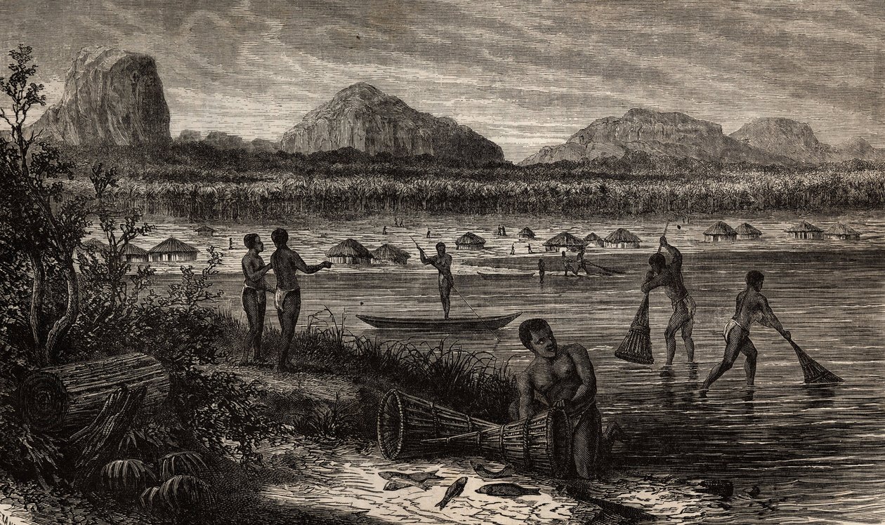 Near the cataracts of the Rovuma (Mozambique), the fishing activities. Engraving to illustrate Dr. Livingstone