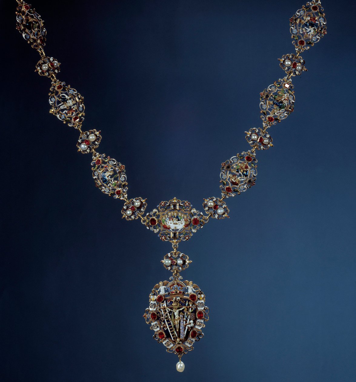 Necklace of the Emperor of the Holy Empire, King of Bohemia and King of Hungary Rodolph II in enamel, gold and fine stone with pendant depicting scenes of the Passion. 16th century. Paris, Louvre Museum by Unknown artist