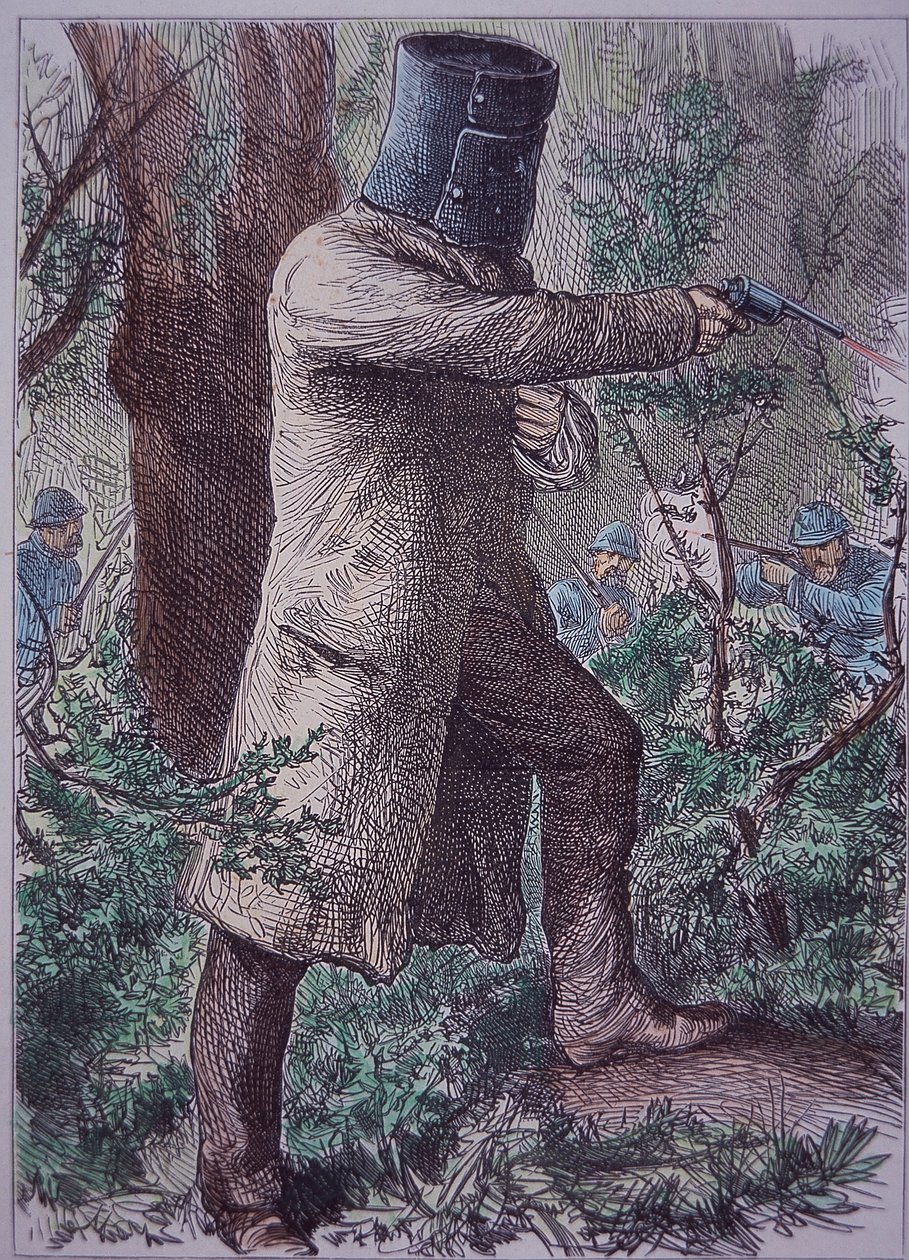Ned Kelly, wearing his characteristic armour, in final confrontation with police, 28 June 1880 by Unknown artist