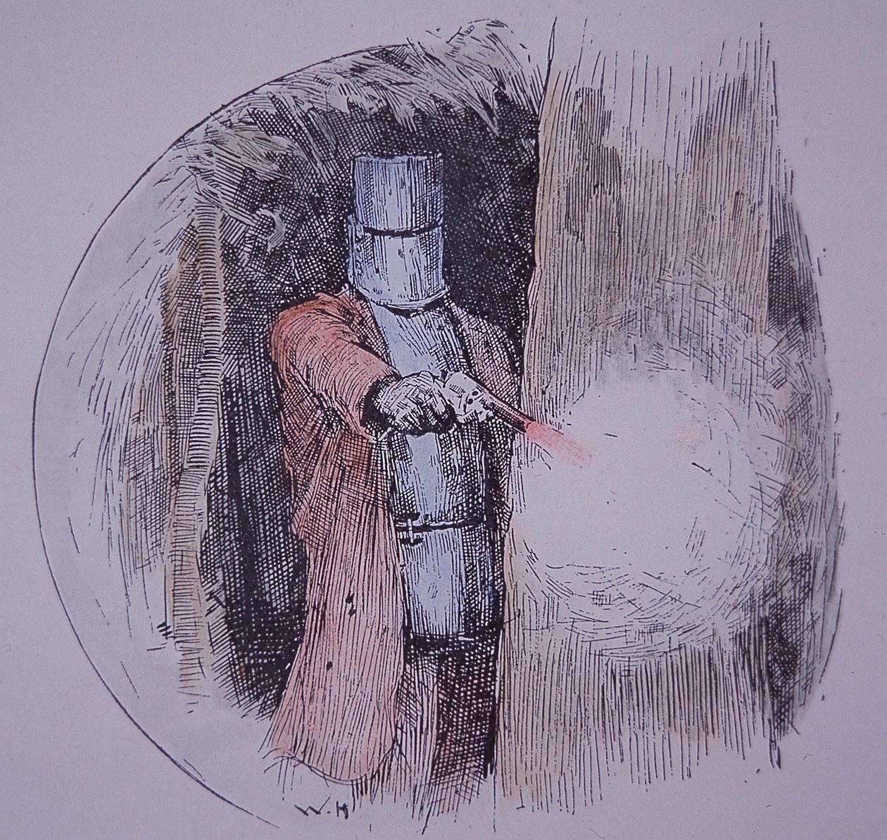 Ned Kelly wearing his homemade armour, in confrontation with police by Unknown artist