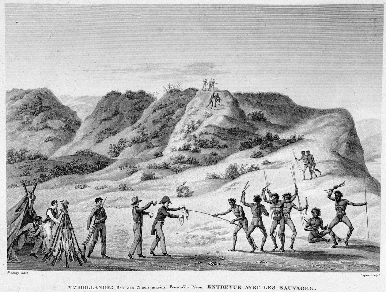 New Holland, Bay of Marine Dogs, Peron peninsula: interview with the Indians (encounter between Aborigines and settlers) - engraving, early 19th century by Unknown artist
