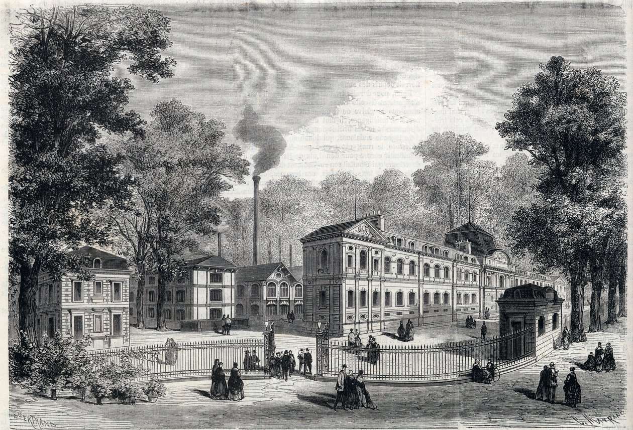 New building of the imperial porcelain factory in Sevres in 1868. Engraving in 