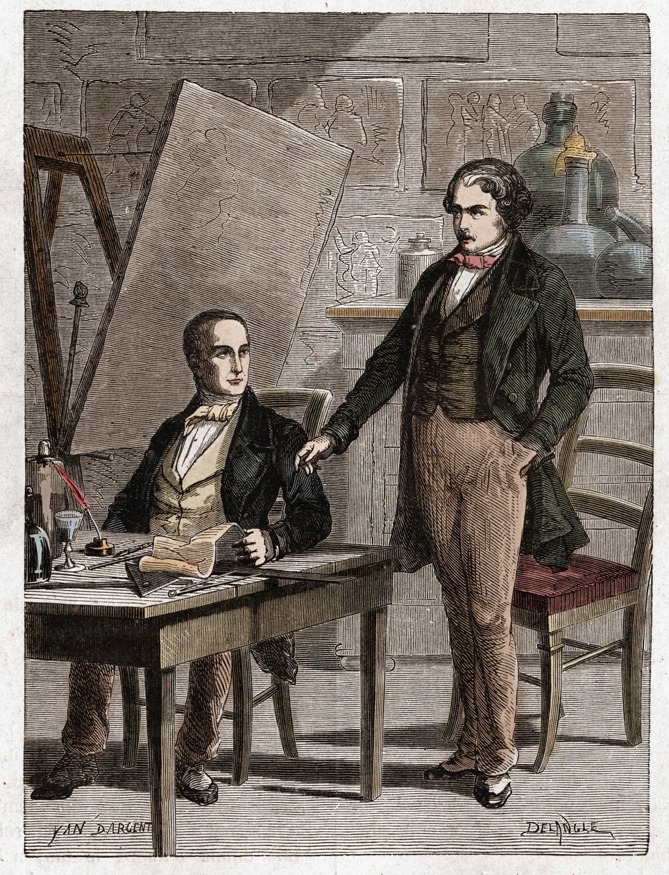 Niepce reading to Louis Daguerre the description of Heliography, for the fixing of pictures from camera obscura - Nicephore Niepce, French inventor, pioneer of photography reading to Daguerre the description of his method for the fixation of images by Unknown artist
