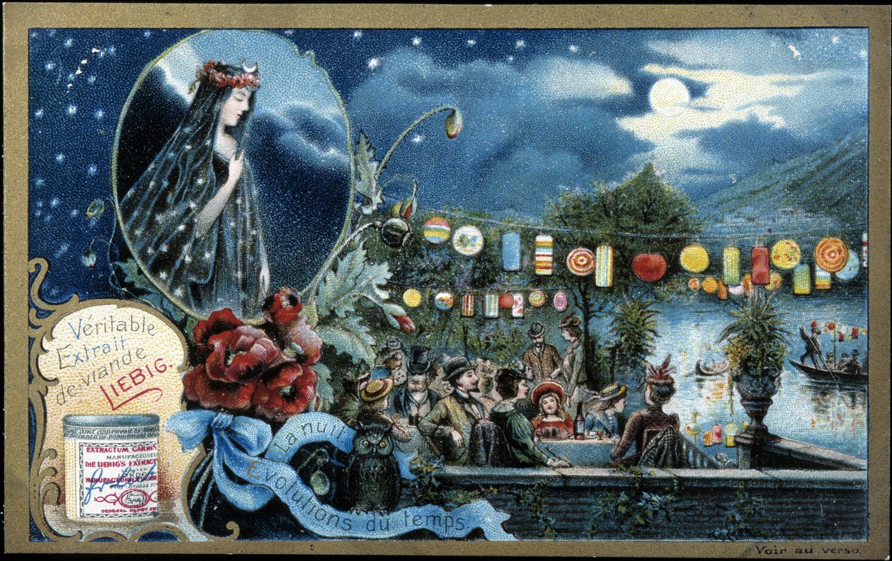 Night, Night Party Lit with Lanterns, Near a Lake - Liebig Chromolithography by Unknown artist