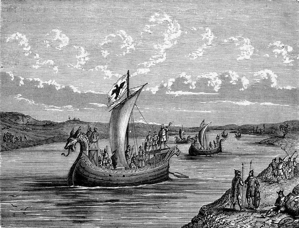 Norman ships up a river - engraving by Unknown artist