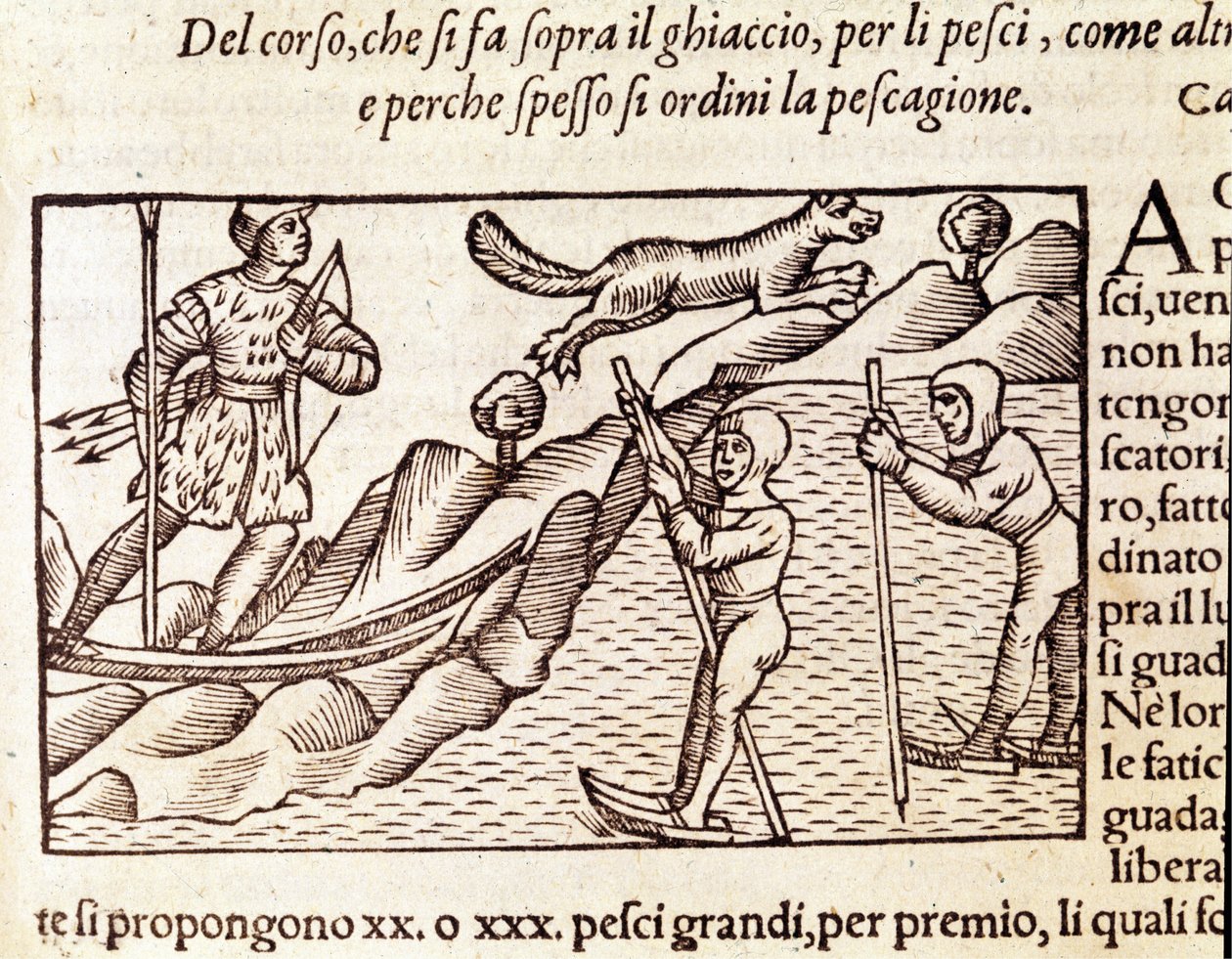Norwegian Hunters Moving Through Skis. Engraving by Olaus Magnus, "Historia de Gentis Septentrionalibus" by Unknown artist