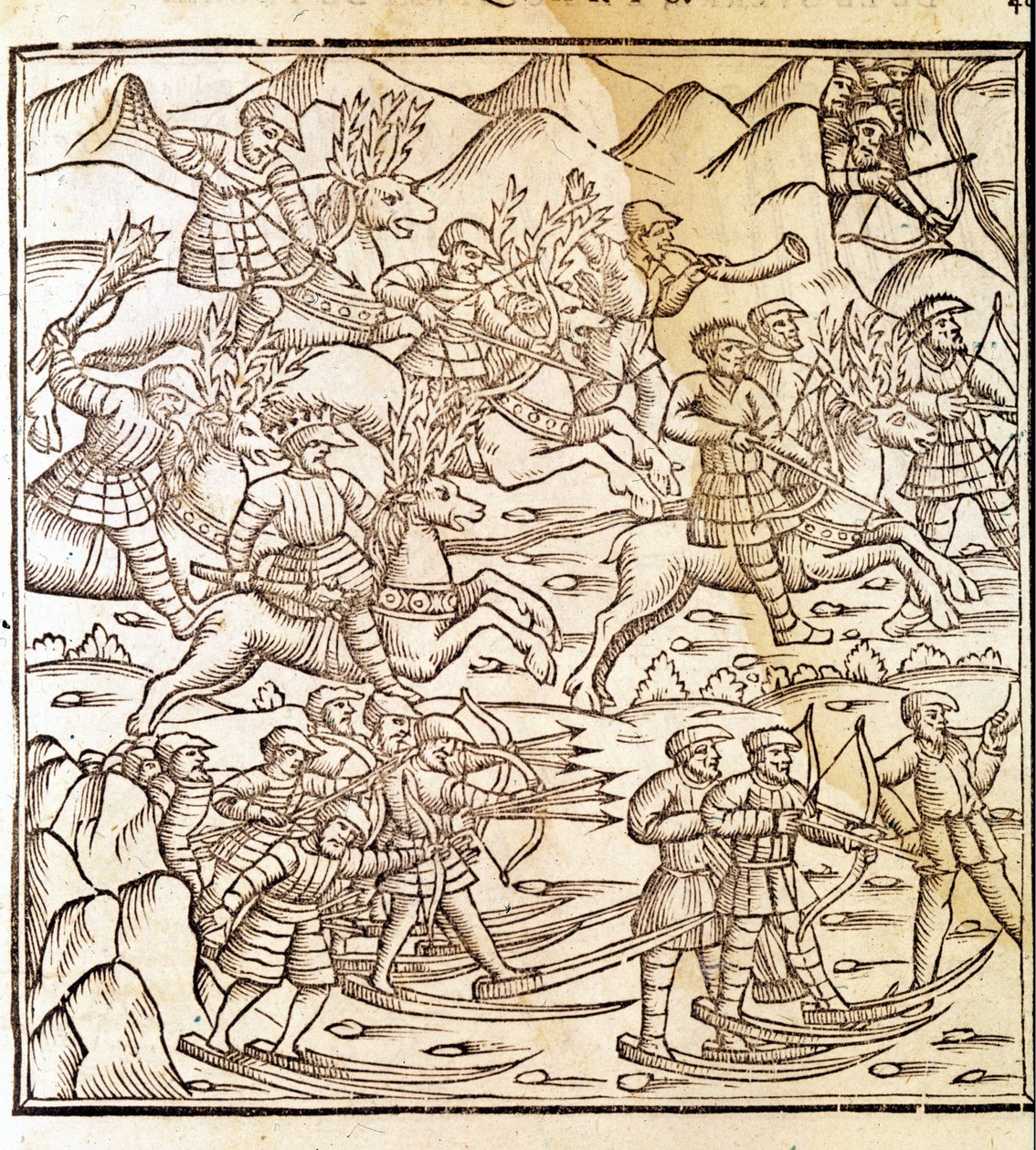 Norwegian Hunters Travelling on Skis and Reindeer. Engraving by Olaus Magnus, "Historia de Gentis Septentrionalibus" by Unknown artist