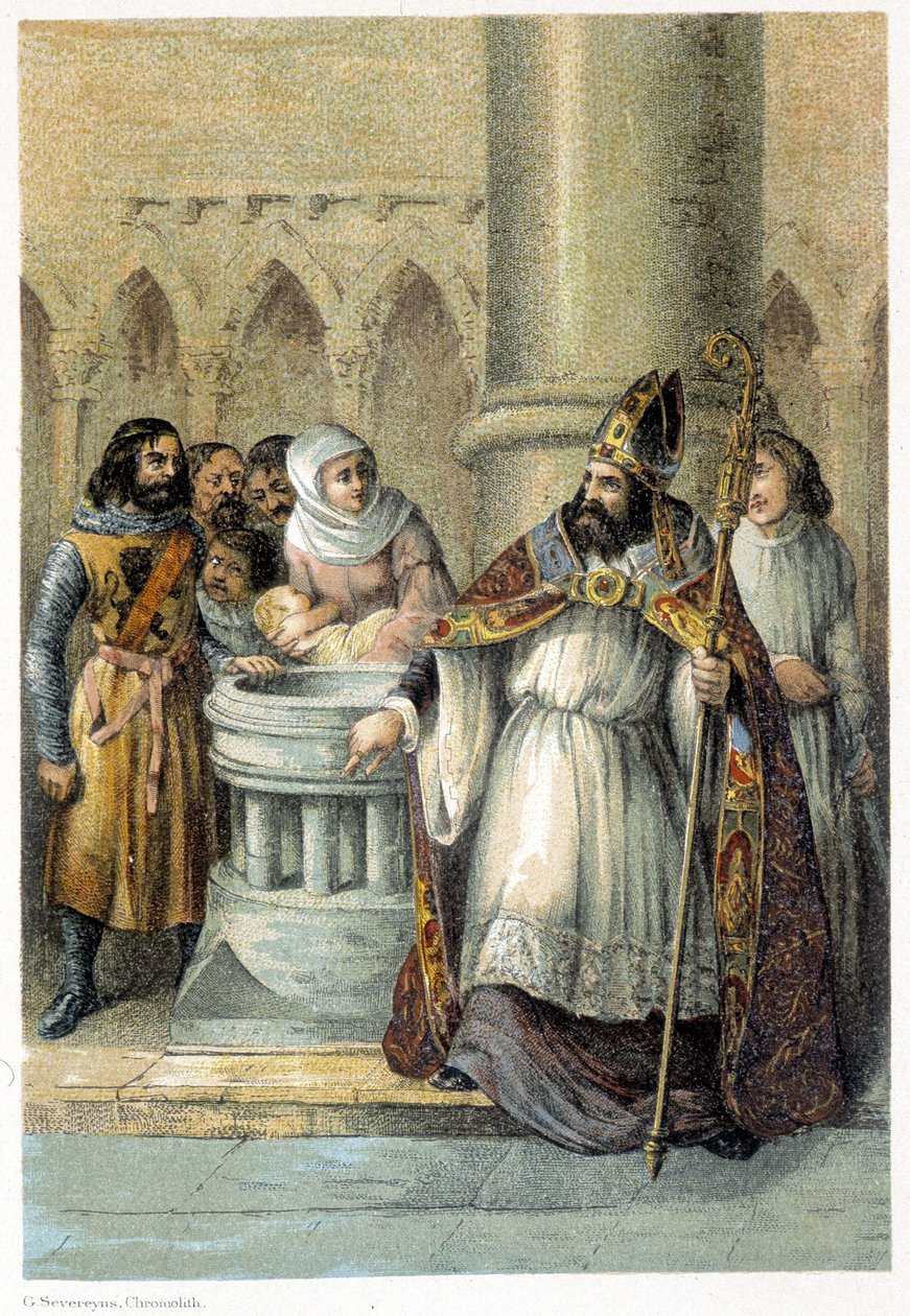 Notger (930 - 1008), bishop of Liege, during the baptism of Otto III (980-1002), King of Germany. Chromolithography of the 19th century by Unknown artist