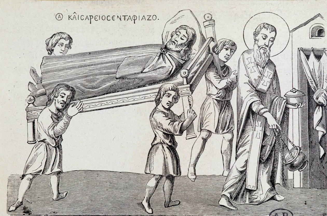 Obseque of Saint Cesaire by his brother Saint Gregoire, from a 9th century Greek document by Unknown artist