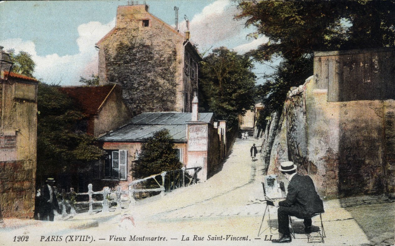 Old Montmartre: a painter in St Vincent Street. In orange the cabaret 