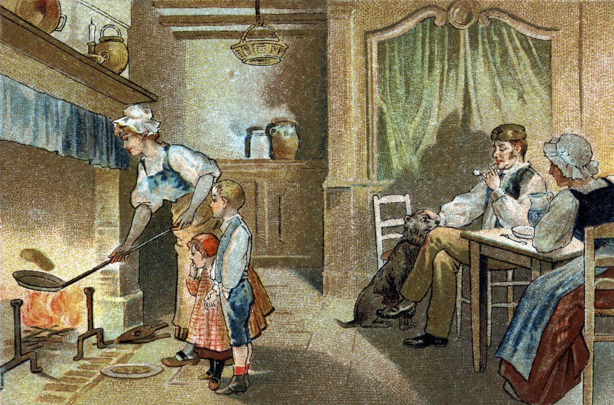 Old custom celebrated in the Berry region: candlestick pancakes. Chromolithography of the late 19th century by Unknown artist