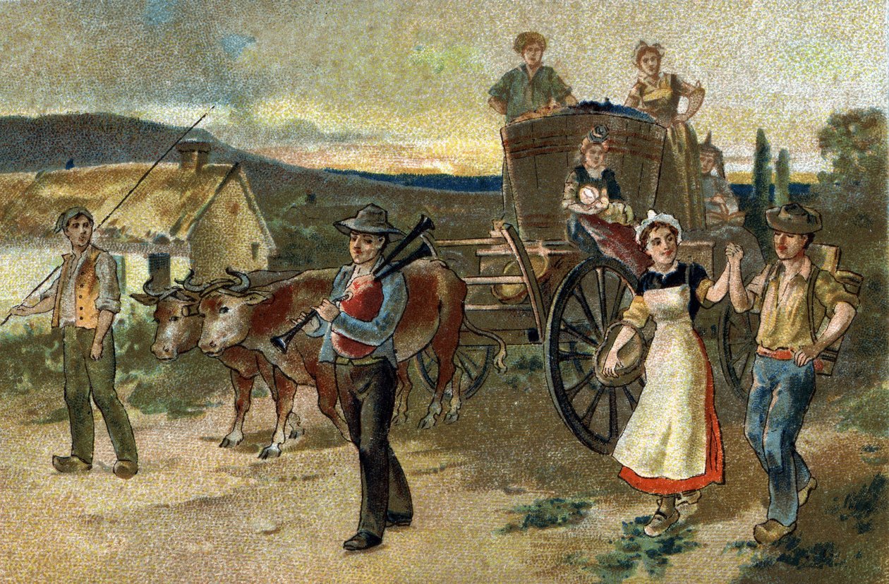 Old custom celebrated in the region of Burgundy: Harvest Festival. The last vintage. Chromolithography of the late 19th century by Unknown artist