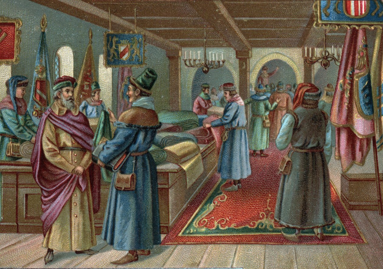 Old shopping centres: linen hall in Bruges, Belgium in the 15th century. Chromolithography of the late 19th century by Unknown artist
