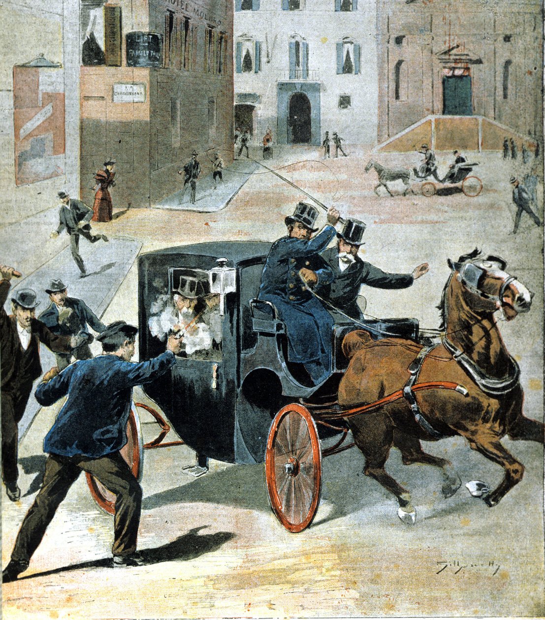 On 16 June 1894, in Rome, the anarchist Paolo Lega fired a revolver at Francesco Crispi, President of the Italian Council. Illustration of the period. by Unknown artist