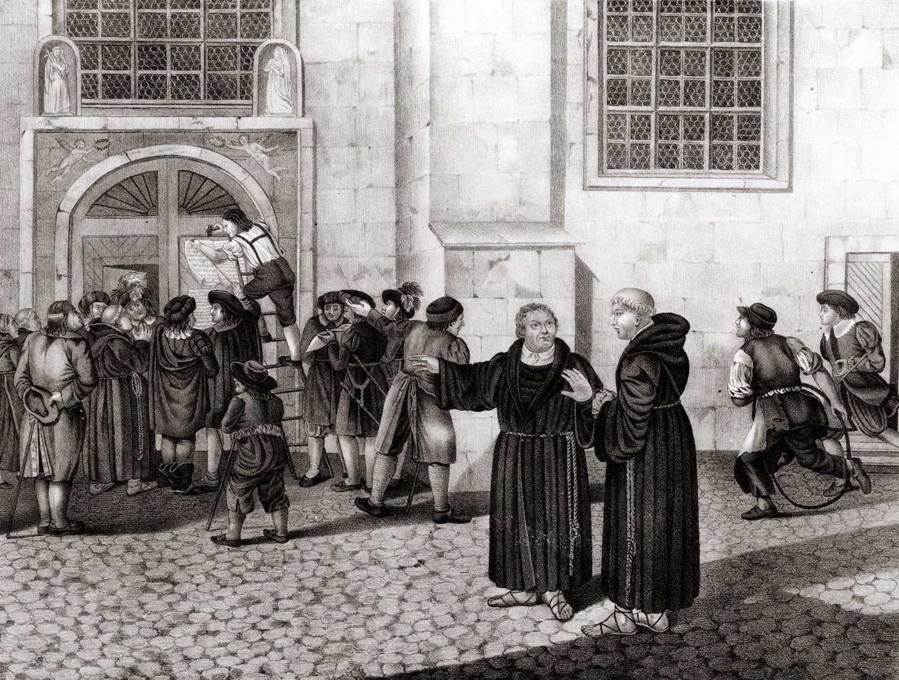 On 31/10/1517, Luther posted on the gates of Wittenberg Castle his 95 theses denouncing the sale of indulgences and which marked the beginning of the Reformation - engraving by Unknown artist
