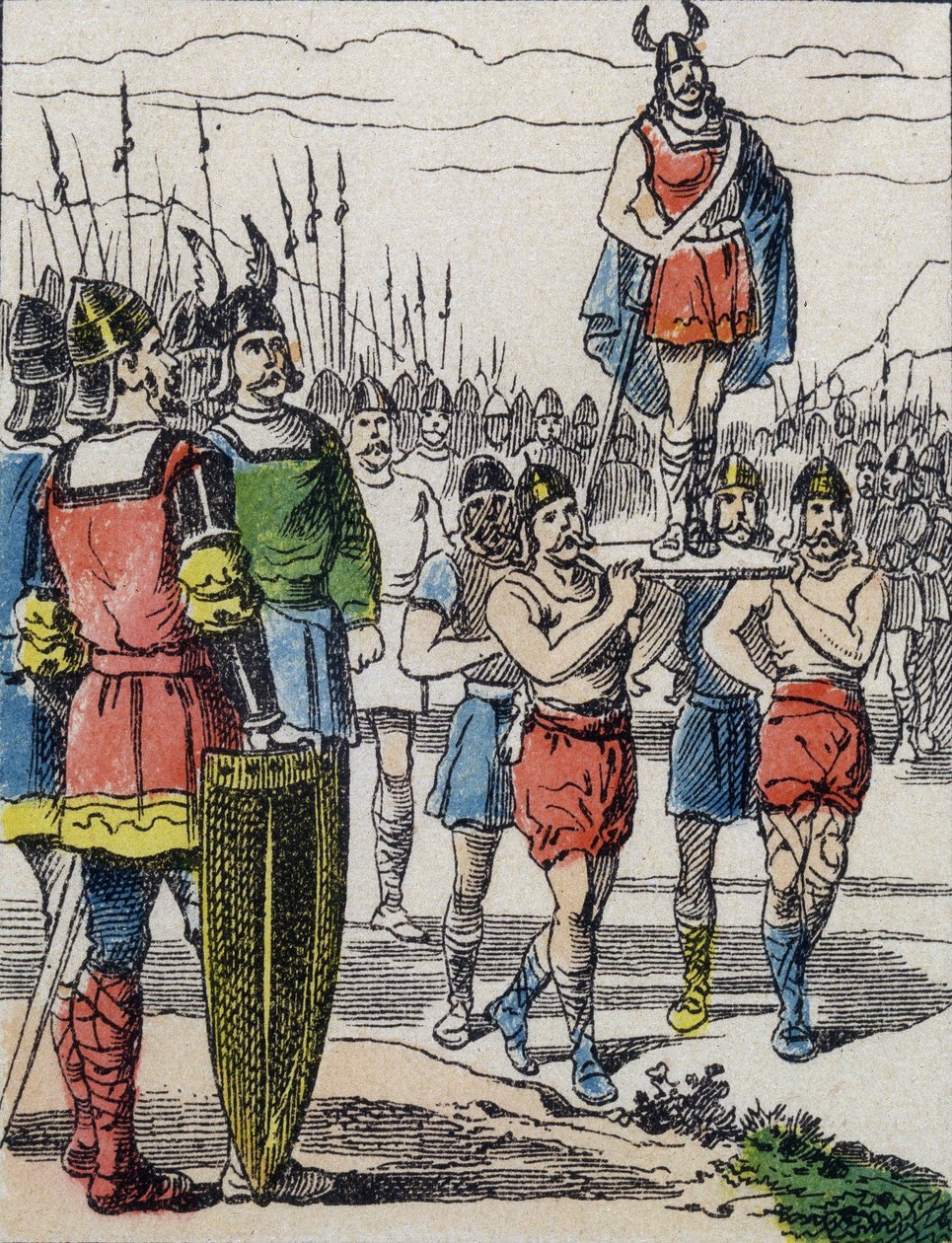 On the death of Childeric I, his son Clovis was elected king by the Salians Francs who carried him on the bulwark while touring the camp by Unknown artist