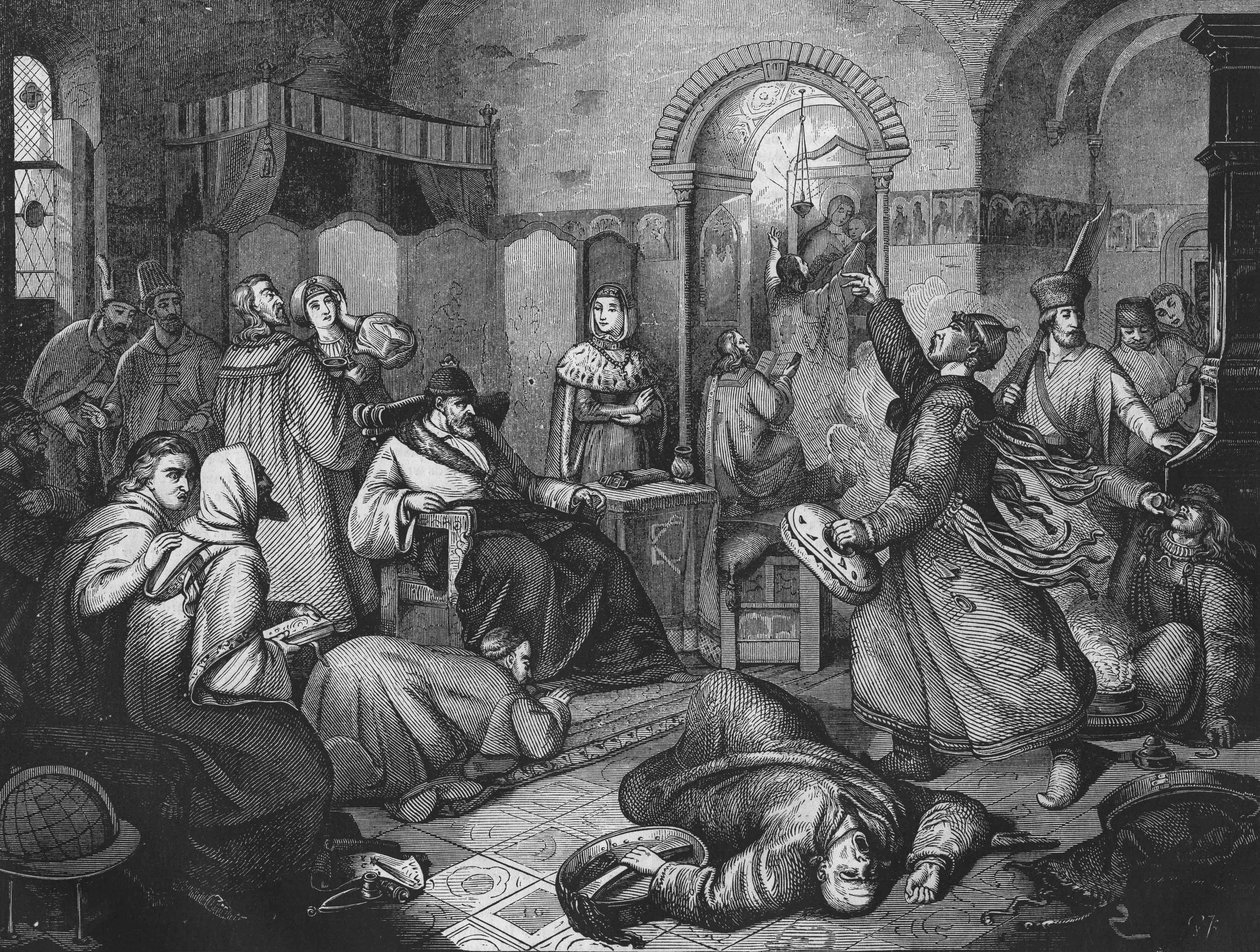 On the last day of Ivan IV the Terrible (1530-1584), tsar and great prince of Russia, beside him his beautiful daughter. (engraving of 1860) by Unknown artist