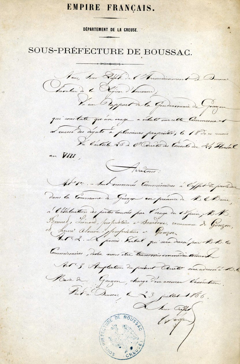 Order of the Sub-Prefecture of the Creuse (Arrondissement of Boussac) of July 23 by Unknown artist