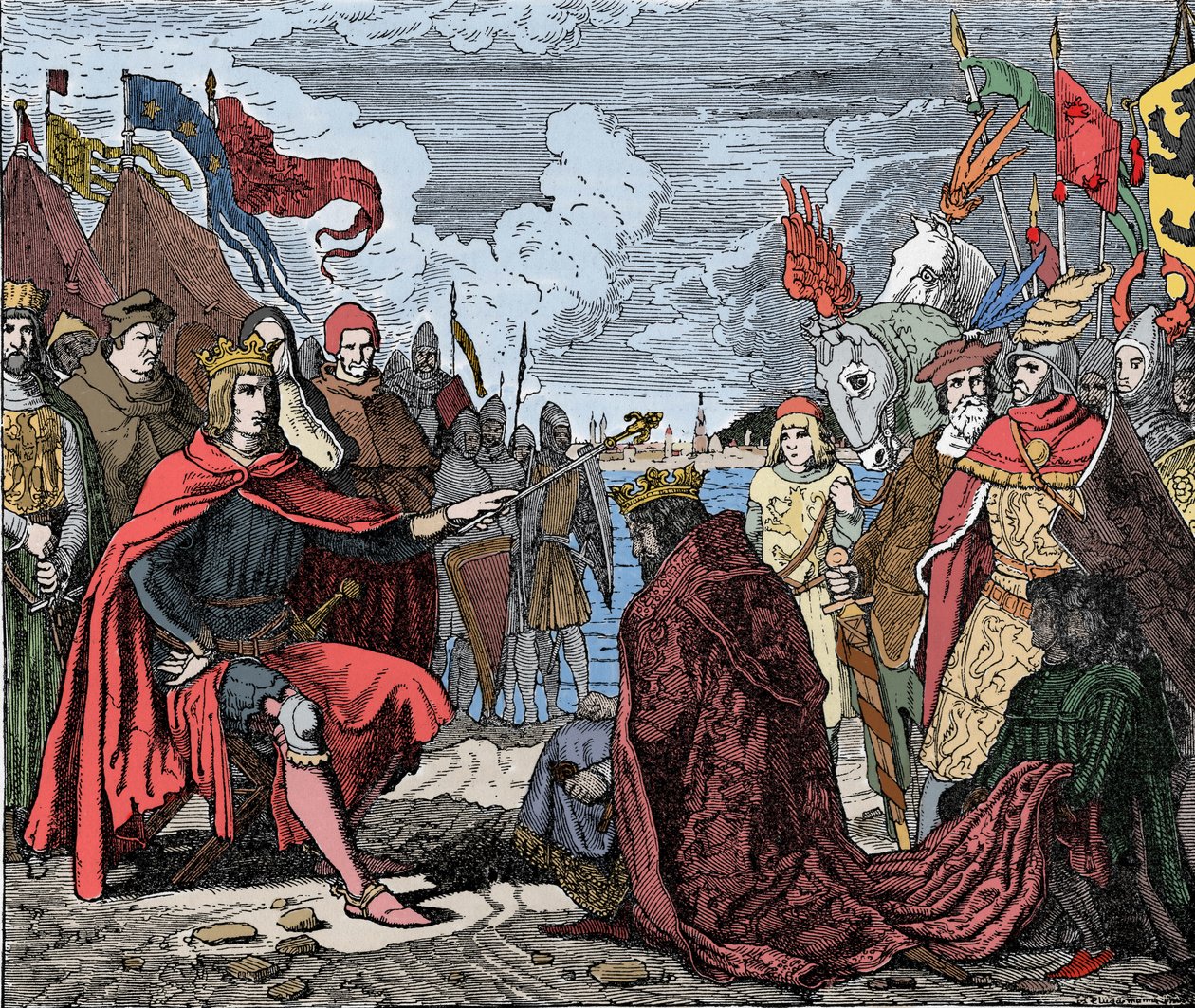 Ottokar II homage to Rudolf I - Ottokar II, king of Bohemia, pays homage to Rodolph I of the Holy Empire, after the Battle of Marchfeld, in 1278 by Unknown artist
