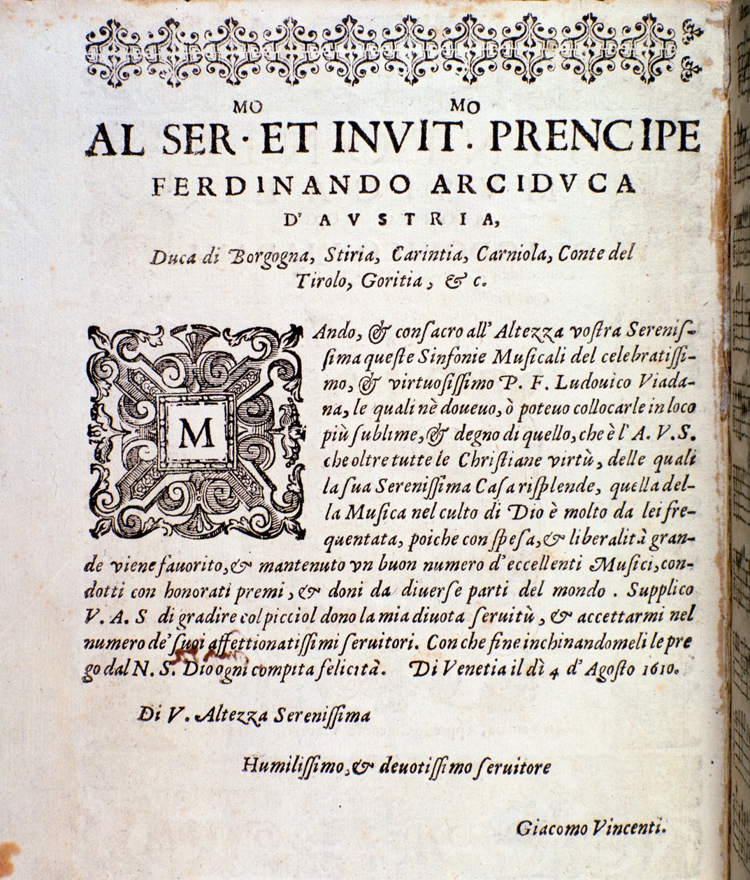 Page of dedication to Ferdinand of Austria in musical score of Sinfonie musicali by Ludovico Viadana by Unknown artist