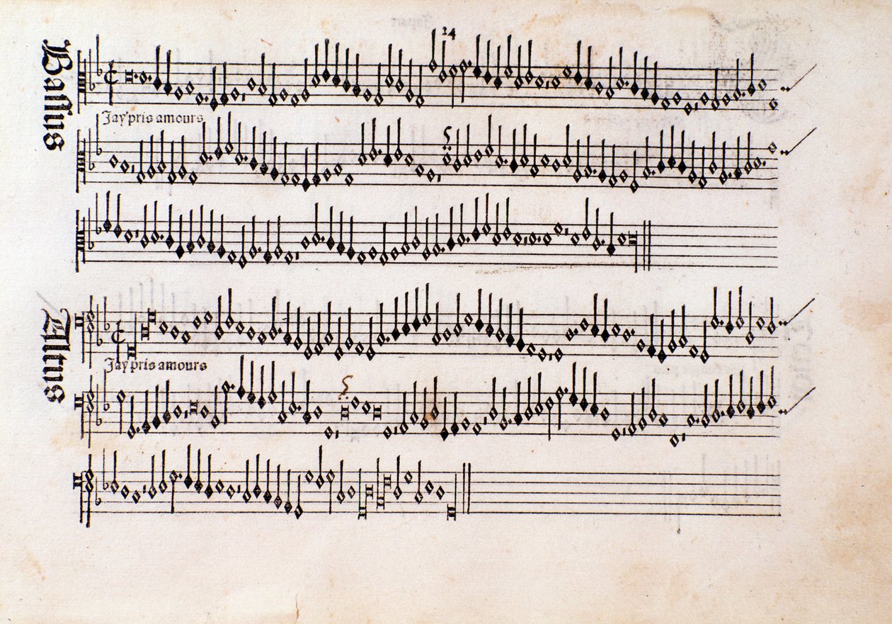 Page of musical score of Harmonice Musices Odhecaton by Ottaviano Petrucci (1501) by Unknown artist
