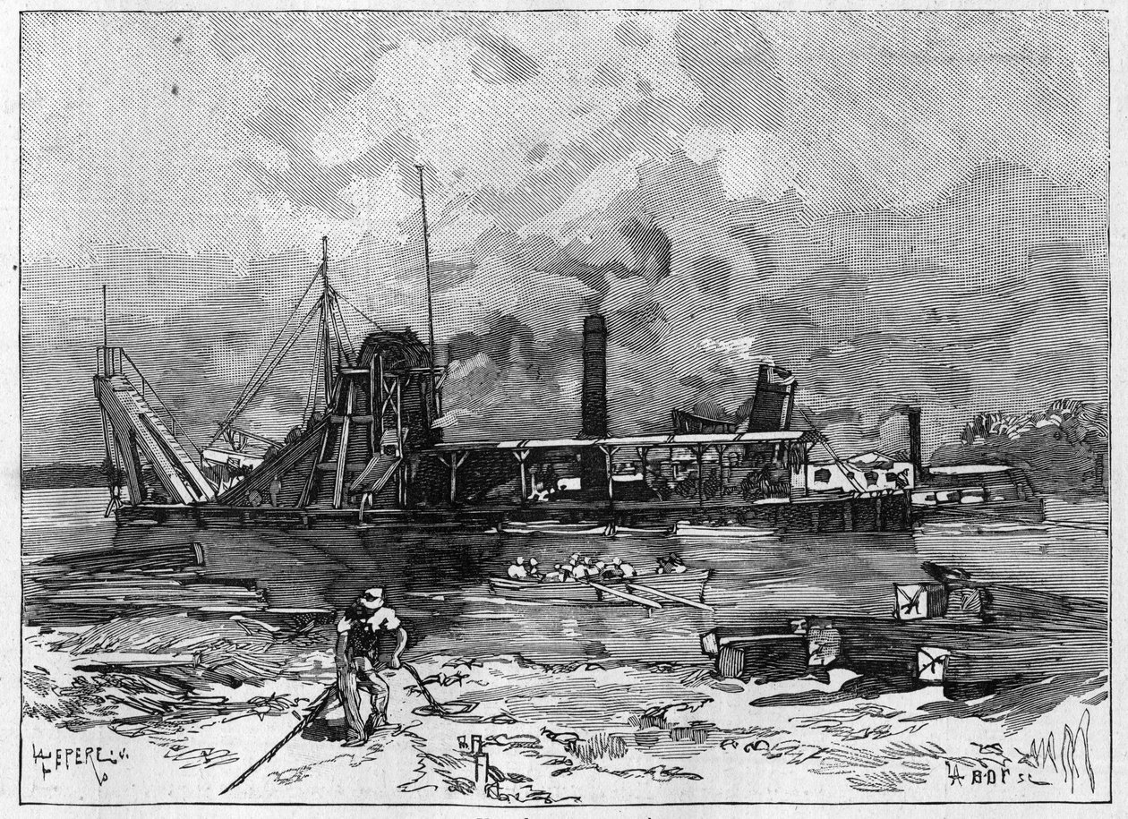 Panama Canal works. Main machines: a dredge and its valve. Engraving in Le Monde Illustré by Unknown artist