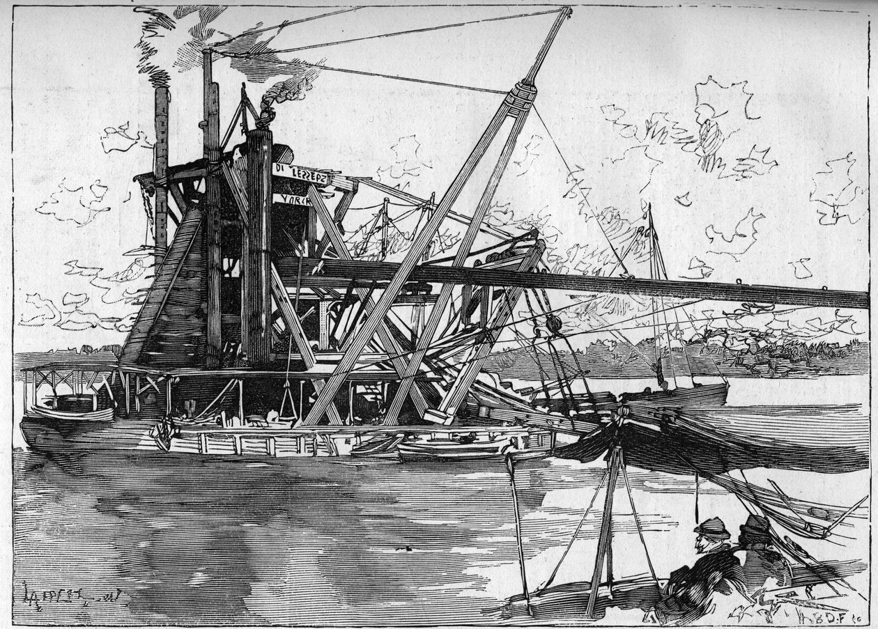 Panama Canal works. Main machines: the great American dredge. Engraving in Le Monde Illustré by Unknown artist
