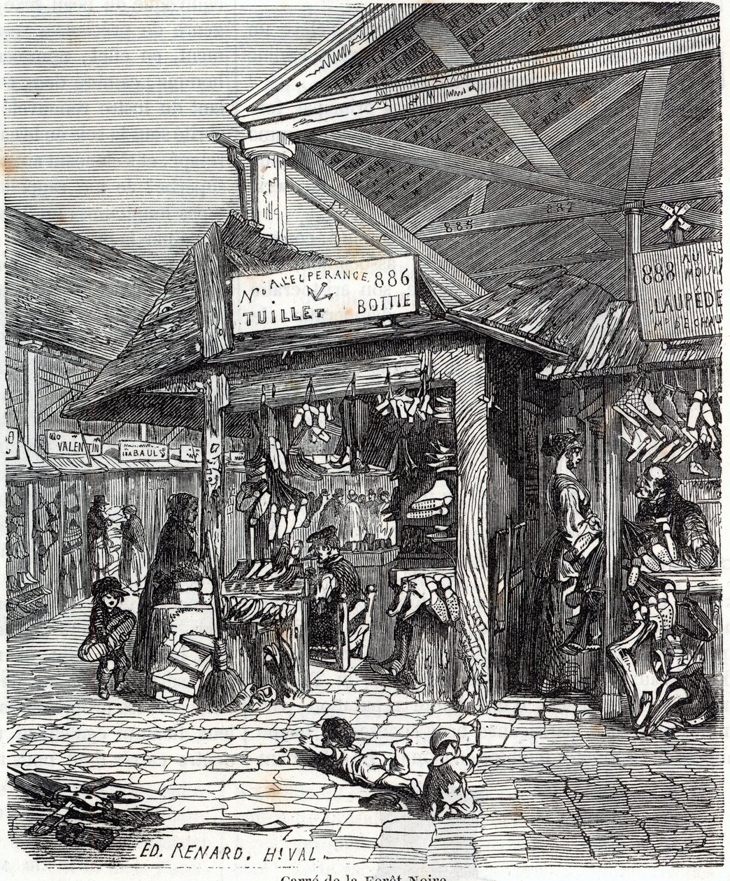 Paris 3rd arrondissement - Carre de la Foret-Noire: sale of leather and shoes in Le Carreau du Temple in the 19th century - Engraving in 