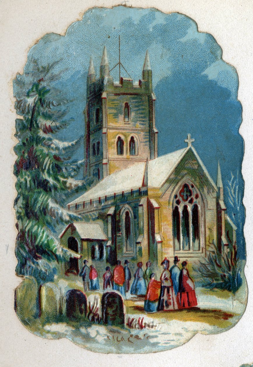 Parishioners going to a church for Sunday Mass. Chromolithography around 1890 by Unknown artist
