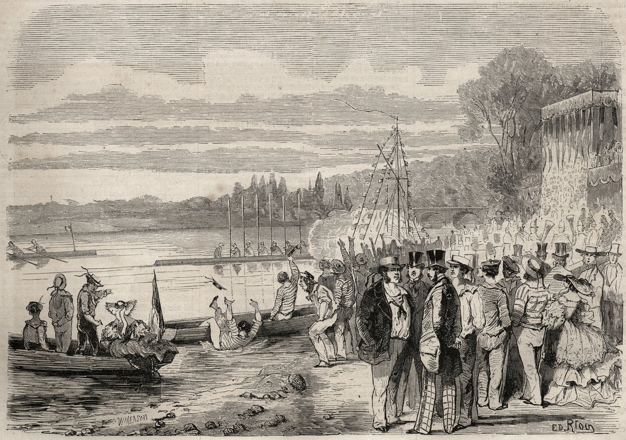 Parisian canoeists. Regattas of Saint-Cloud in 1857. Engraving in 