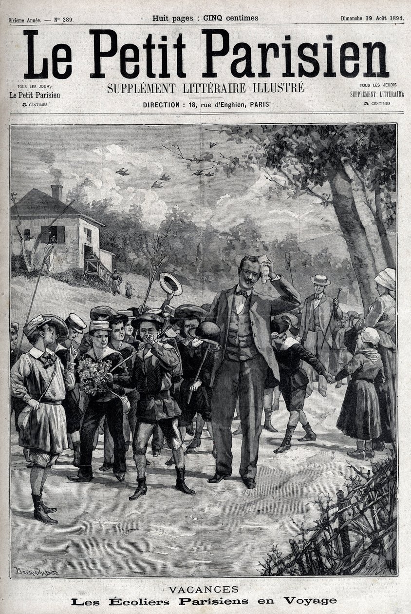 Parisian school holidays on a trip to the countryside. Engraving in 