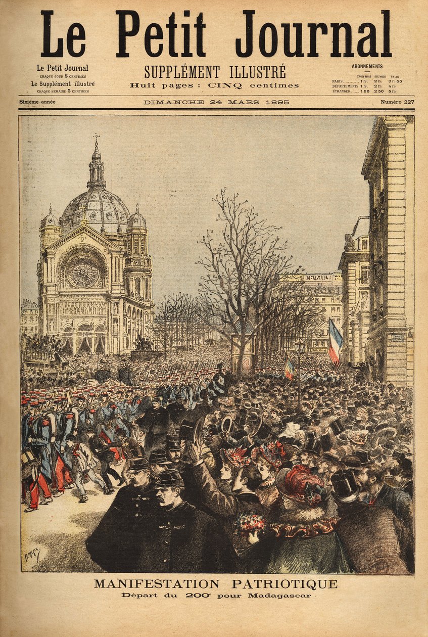 Patriotic demonstration in Paris, for the start of the 200th regiment for Madagascar. Engraving in Le petit journal 24/03/1895. Selva