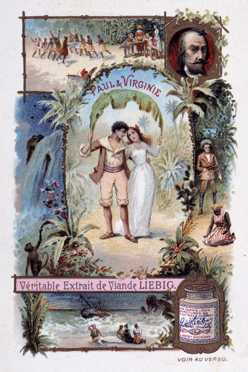 Paul and Virginia. Roman by Henri Bernardin de Saint Pierre, French writer (1737-1814). Illustration by V. Massé - Liébig advertising vignette by Unknown artist