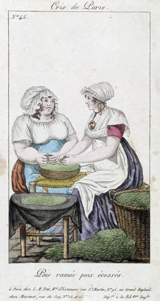 Pea merchants: two women shedding peas - in 