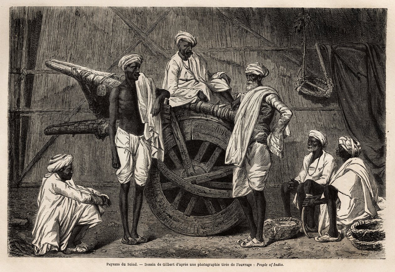Peasants from Scind (Punjab Region, India), Next to Their Agricultural Machinery. Engraving to Illustrate the Voyage to Pandjab and Kashmir, Story by Guillaume Lejean, in 1866, Published in Le tour du monde, nouveau journal des voyages, under the directi by Unknown artist