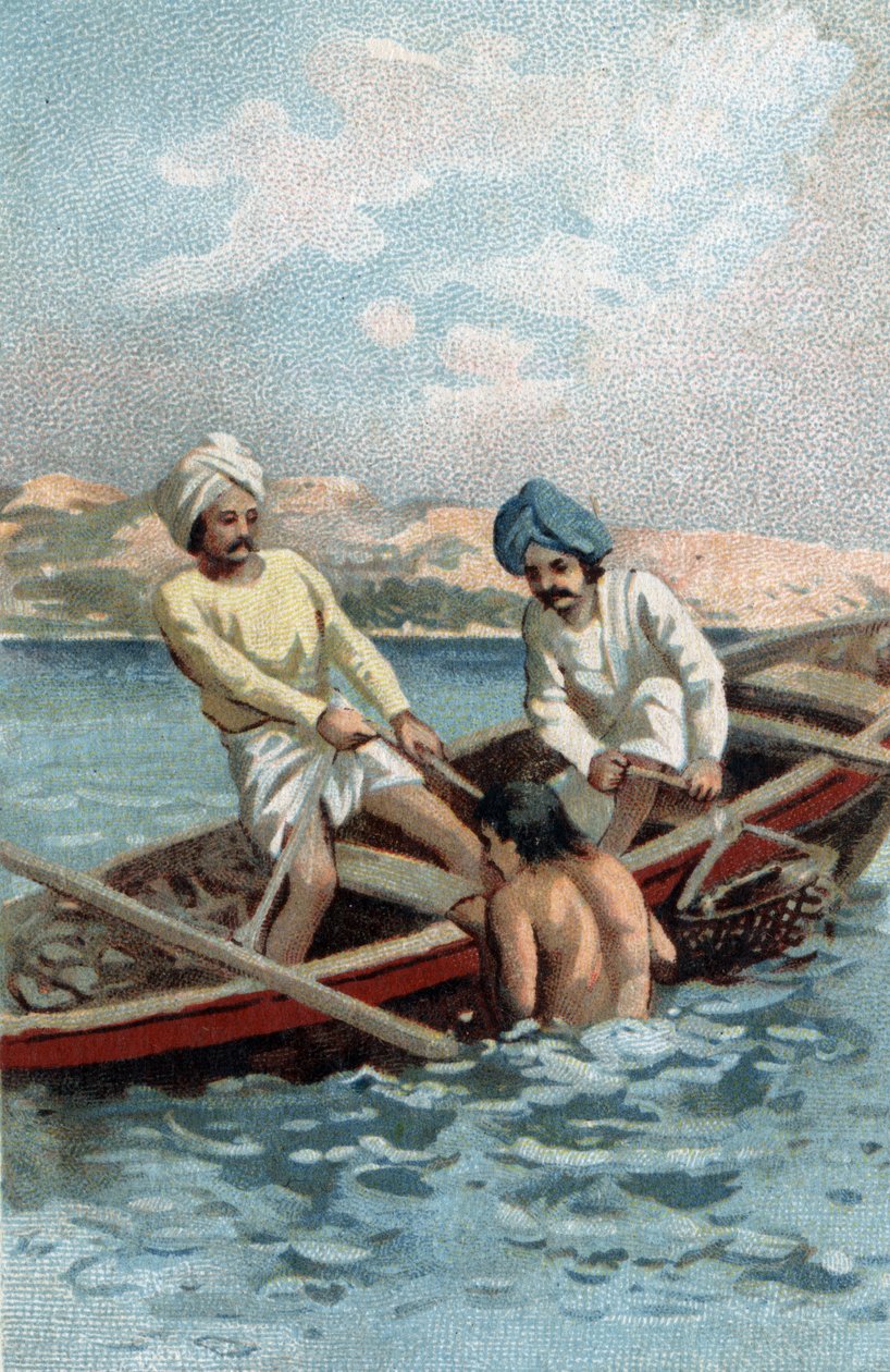 Pearl oyster fishermen in Ceylon. Chromolithography of the late 19th century by Unknown artist