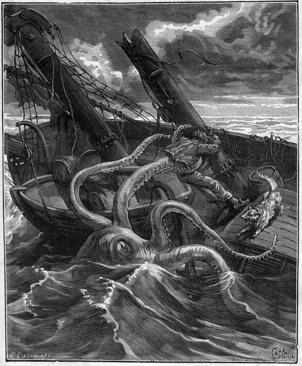 Perilous Adventures Of Narcissus Nicaise In Congo - by Armand Dubarry 1836-1910 - he had in front of him a formidable marine monster (Giant octopus) - engraving in Journal des voyages 1881 by Unknown artist