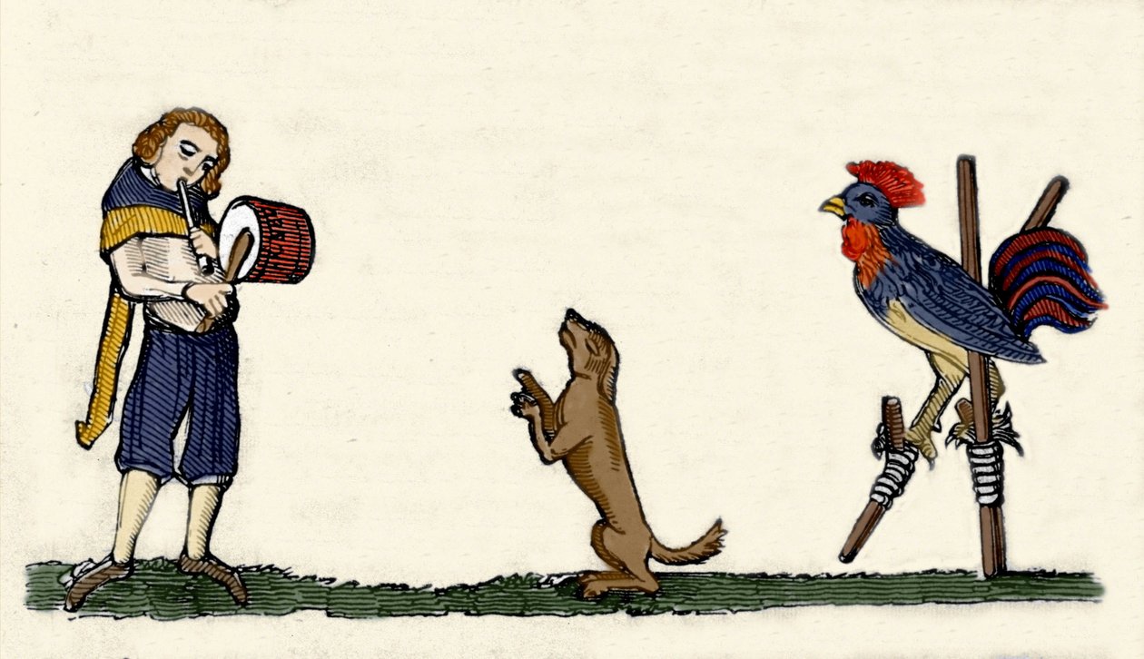 Pets Trained: A Dog and a Rooster Dance on Stills to the Rhythm of the Drum, Engraving from a 1344 Manuscript from the Bodleyan Library of Oxford by Unknown artist