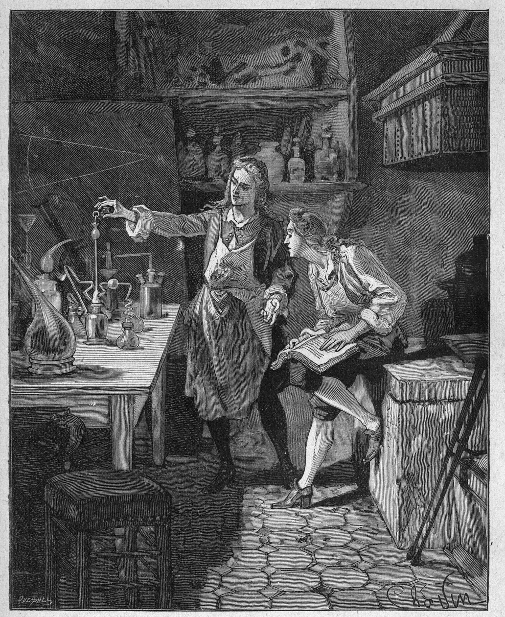 Philip II Duke of Orleans (1674-1723) doing chemistry with Humbert. Engraving of the 19th century. In 