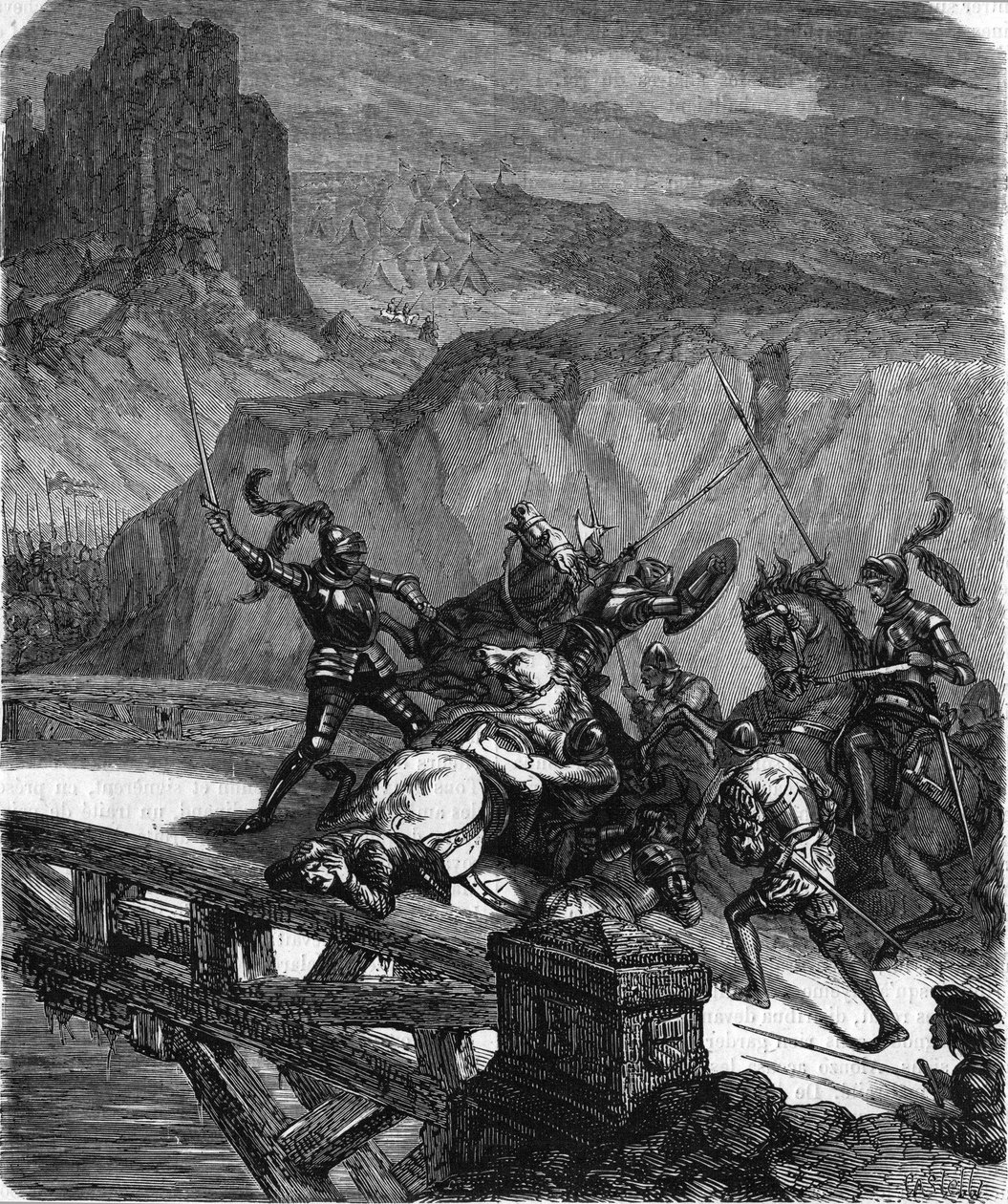 Pierre Terrail, lord of Bayard, defending the Garigliano Bridge in 1503. Engraving of the 19th century by Unknown artist