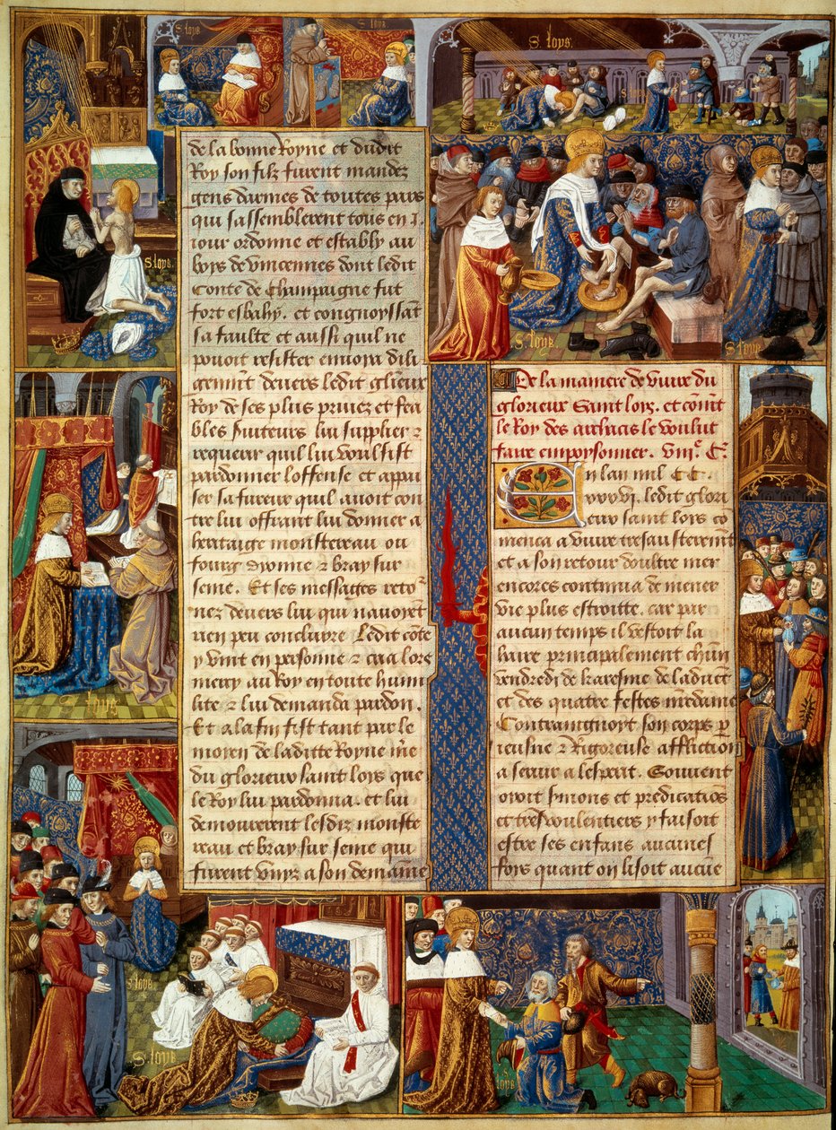 King Louis IX washing the feet of the poor, the king praying and scenes of Christian charity. Miniature from a manuscript 