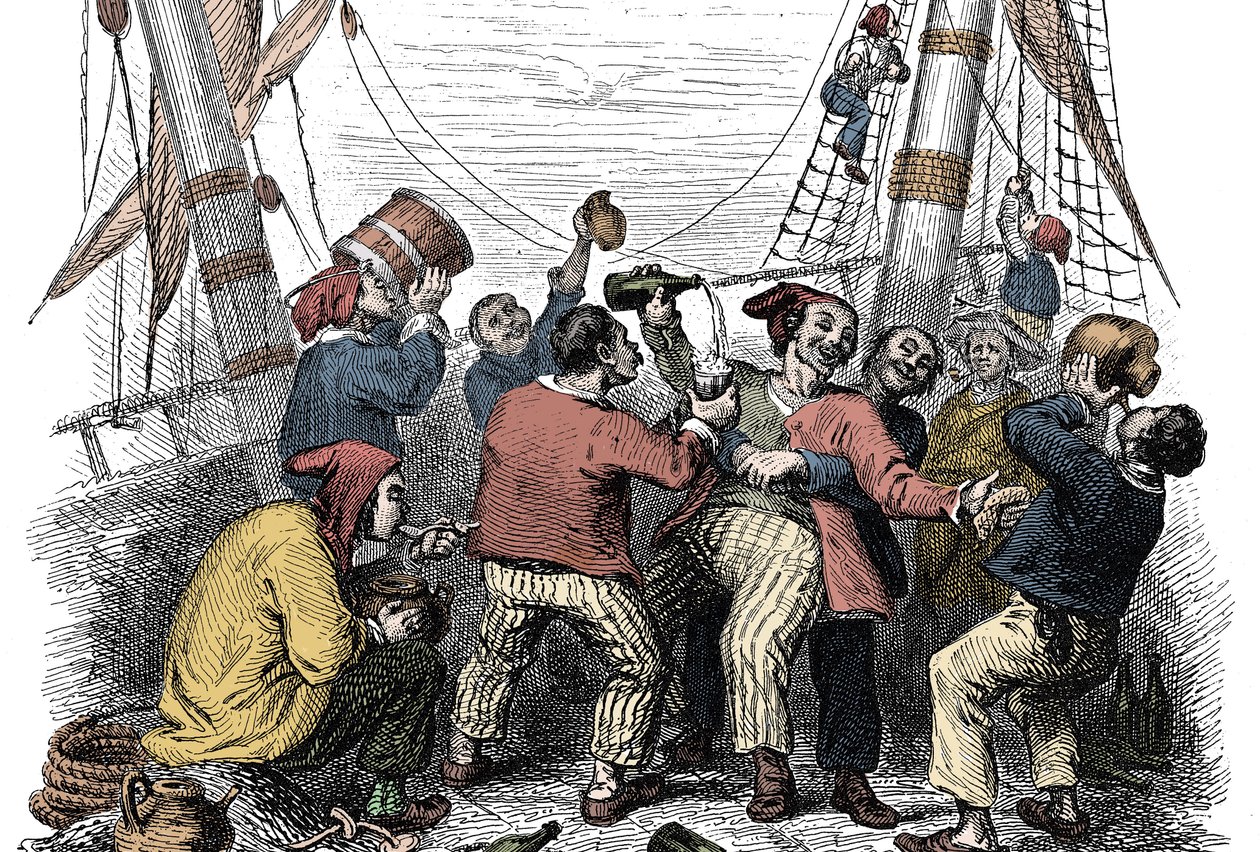 Pirates celebrating the capture of a rich loot after the attack of an enemy ship. Engraving of the 19th century by Unknown artist